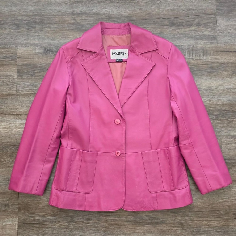 Monterra Vintage Hot Pink Leather Blazer Jacket Womens Medium Barbiecore 90s Y2K
